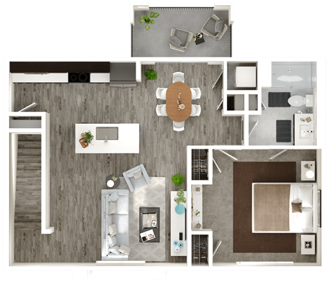A top-down view of a house layout with a kitchen, living room, and bedrooms.